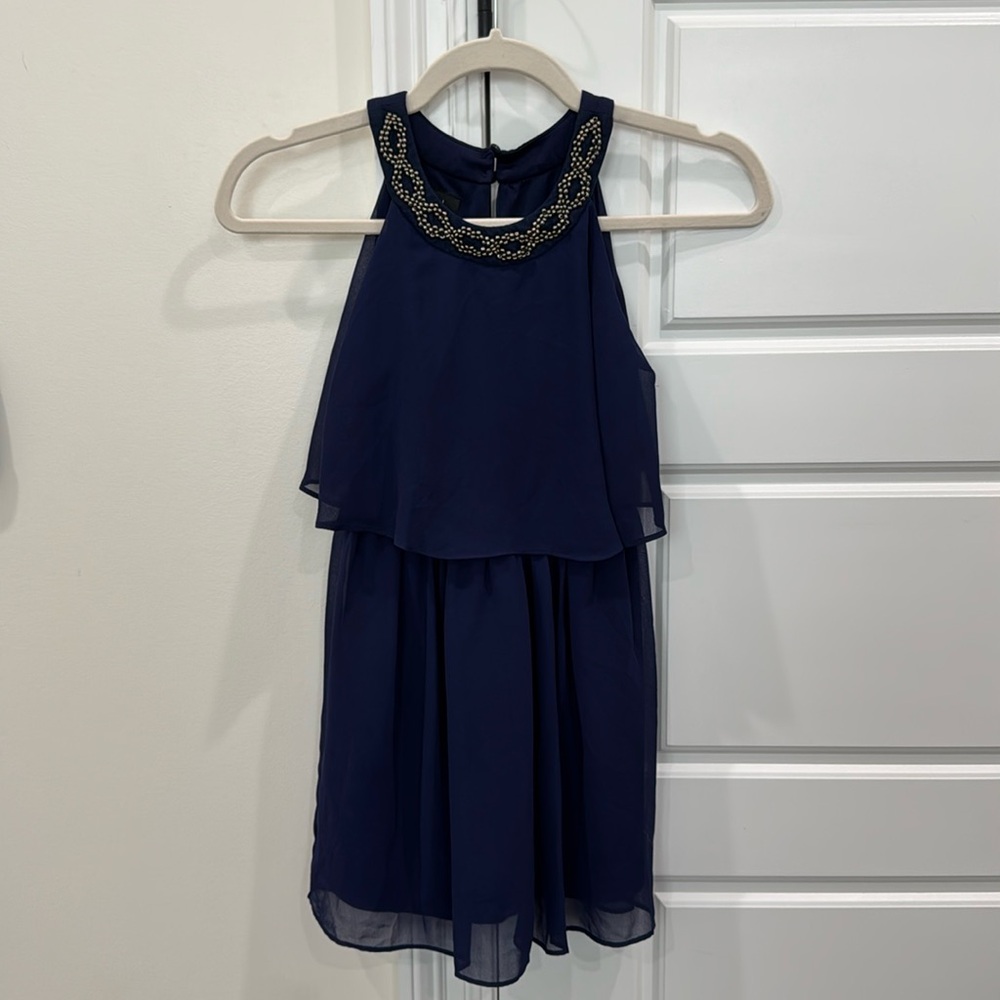 Girls Navy Blue Dress Studded Collar Party Wedding Holiday Sleeveless, size 7